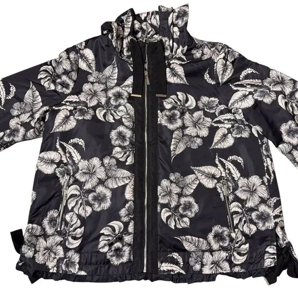 Dennis Basso Jacket Printed Floral Black White Water Resistant Hooded Ruffle Lg - Picture 4 of 16